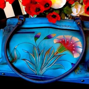 ANUSCHKE BLUE WITH FLOWERS ZIP LEATHER  BAG